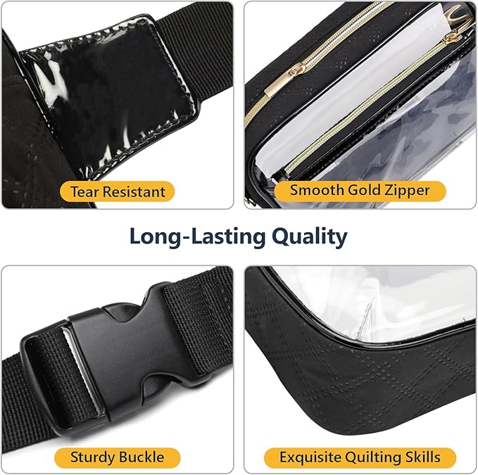 Packism Clear Fanny Pack for Women Stadium Approved - Quilted Clear Belt Bag, Adjustable Strap Fits 35-51 Inches, Transparent Waist Bag for Sports Concerts Festivals, Black