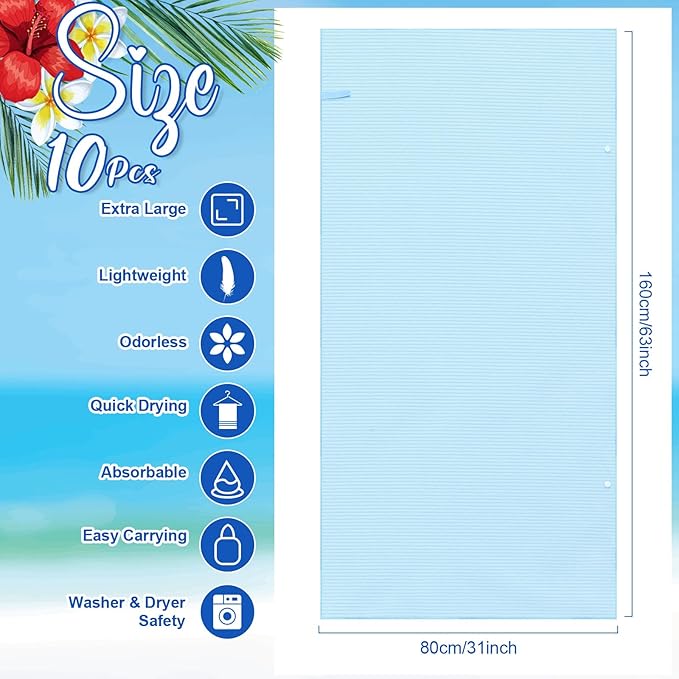 EBOOT 10 Pack Oversized Beach Towel Set Extra Large Pool Towels Microfiber Quick Dry Swim Blanket for Adult Women Men Face Hand Body Bath Travel Pool(Light Blue,31 x 63 Inch,Micro Stripe)