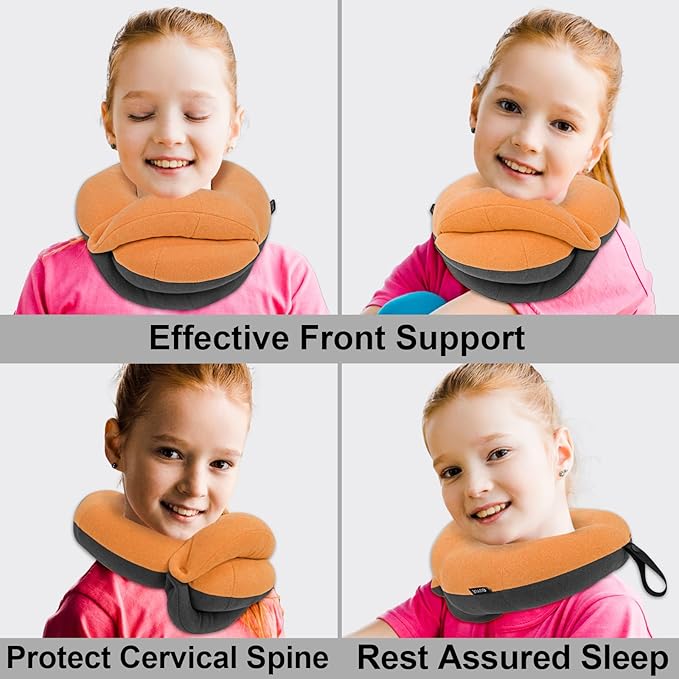 BUYUE Kids Travel Pillows for Airplane, Memory Foam 360° Head Support Sleeping Essentials for Long Flight, Skin-Friendly Soft Neck Pillow for Traveling in Car Seat, (Small, Orange Grey, 40-90 lbs)