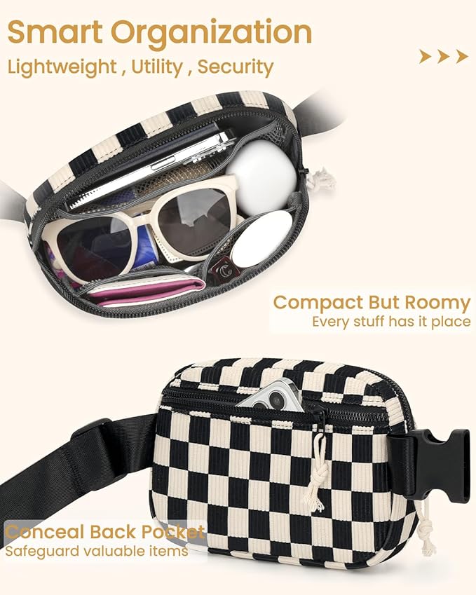 Vankor Large Corduroy Cute Fanny Packs for Women Men Cross Body, Everywhere Belt Bag for Women Men Crossbody Stylish Waist Pack Purse for Travel, Hiking, Workout, Running, Corduroy Checkered Black