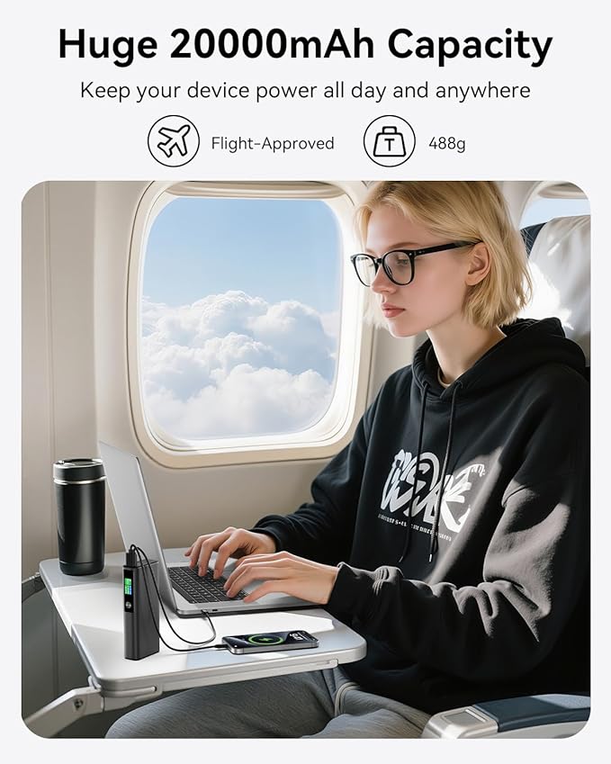 GREPRO Laptop Power Bank, 20000mAh 3-Port Travel Essential Portable Charger with 100W USB-C Port, Aluminum Alloy Unibody Fast Charging Battery Pack for iPhone 17/16/15/14 Series, MacBook, Samsung