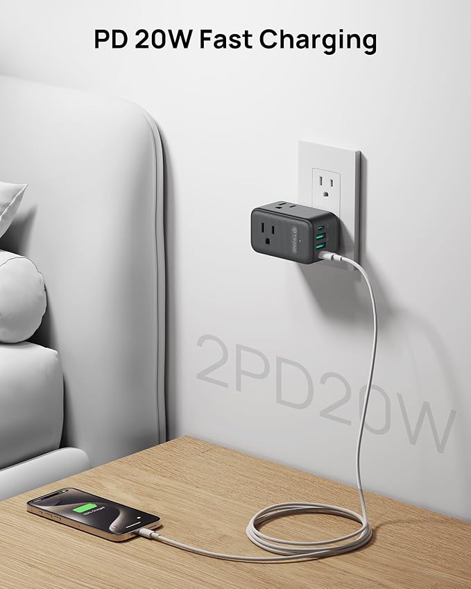 TROND Multi Plug Outlet Extender, 3 AC Outlet Adapter with 360 Rotating Plug, Black Power Splitter with PD 20W USB C Charger, A Compact Solution to Home Dorm Room Travel Cruise Essentials