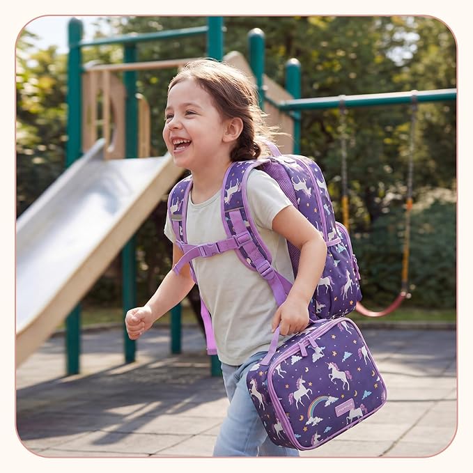 mommore Kids Backpack for Girls 4-8 with Lunch Box Elementary Kindergarten Preschool School Backpack 15'' Fit Folders Bottles, Purple Unicron
