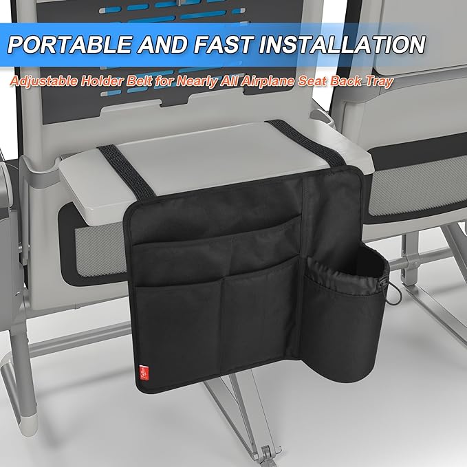 Airplane Seat Back Organizer & Storage, Airplane Tray Table Cover for Personal Items, Airline Seat Hanging Pockets Media Pouch,Reusable Travel Essentials, Fits Tablets, Cell Phone,Water Bottle (Black)