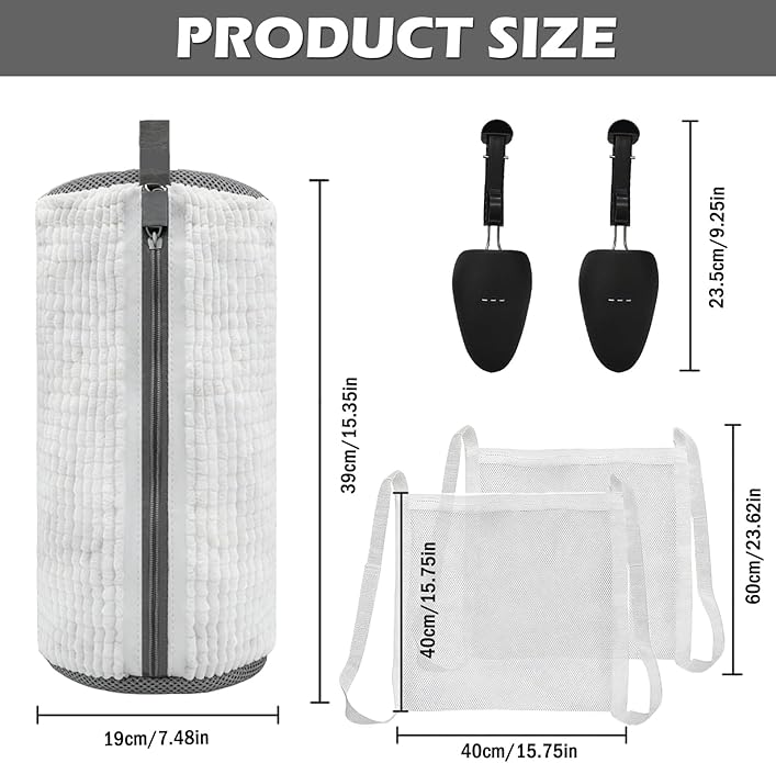 2Pcs Shoe Washing Machine Bag with Shoe Trees & Dryer Bags, Reusable 360° Deep Clean Sneaker Laundry Bag for Washer and Dryer, Protective Shoe Cleaner Bag for Sneakers, Trainers, White
