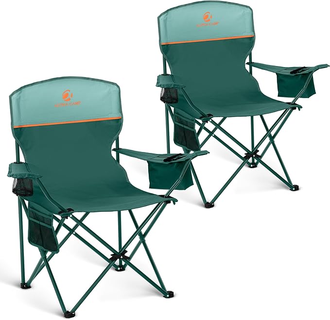 ALPHA CAMP Camping Chairs 250LBS Capacity, Heavy Duty Folding Chair with 4-Can Cooler Bag, Portable Outdoor Chair with Cup Holder for Adults, Collapsible for Tailgating, Beach, Fishing,Black,2PC