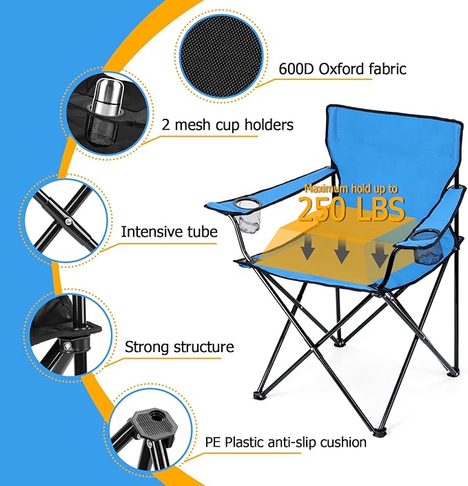 HaSteeL Folding Camping Chair Set of 3, Foldable Blue Camp Chairs & Grey Table, Large Lawn Chair Portable for Adults Hiking, Fishing, Picnic, Outdoor BBQ, Travel, Sports, Cup Holders & Storage Bags