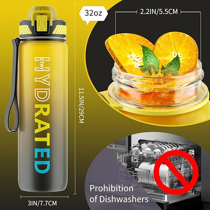 QLUR Water Bottle with Straw, 32oz Motivational Water Bottles with Time Marker to Drink, Tritan BPA Free, 1L Sports Water Bottle with Carry Strap LeakProof for Women Gym Fitness Outdoor (1 Pack)