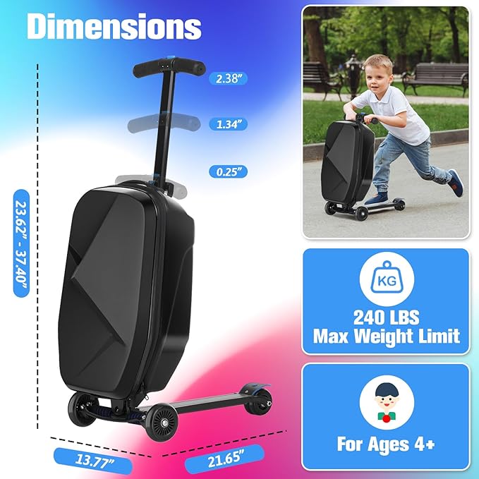smilesun Scooter Luggage For Kids & Adults， Hardside Ride On Suitcase For Kids Ages 4-15 Multifunctional Lightweight Foldable Carry On Luggage With Wheels Ride On For Children Teenagers（Coal Black）