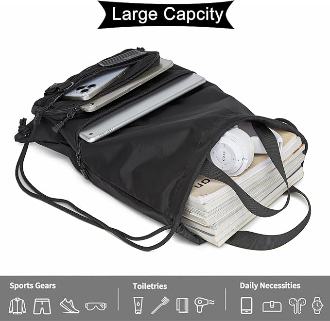 seyfocnia Drawstring Backpack Tactical String Bag with Zipper Pockets Waterproof Cinch Bag Sport Gym Sackpack - Black