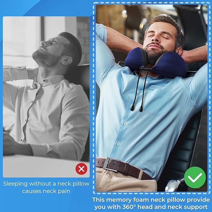 ExploreBliss Travel Pillow, Travel Pillows for Sleeping Airplane, Neck Pillow Airplane, Memory Foam Neck Pillow Set with Eye Mask, Earplugs and Storage Bag -Blue