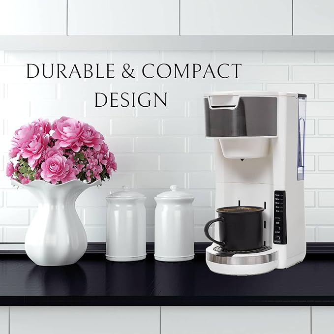 Single Serve Coffee Maker, 2 in 1 Brewer for K Pod & Ground Coffee, 180s Rapid Brew 6 to 14oz Capacities with Auto Shut Off, Small Compact Design for Home Office Travel Camping-White