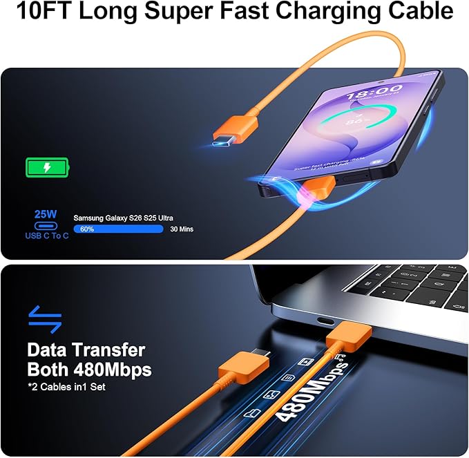 Super Fast Charger Type C, 25W USB C Wall Charger Fast Charging for Samsung Galaxy S26 Ultra/S26/S26+/S25 Ultra/S25/24 Ultra/S24/S23 Ultra/S22 Ultra with 10FT Long Android Type C Charger Cable 2Pack
