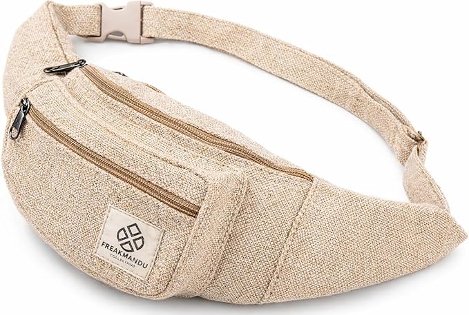 Freakmandu Eco-Friendly Boho Hippie Style Hemp Fanny Pack White Hip Waist Bag for Hiking Running Jogging (Nirvana)