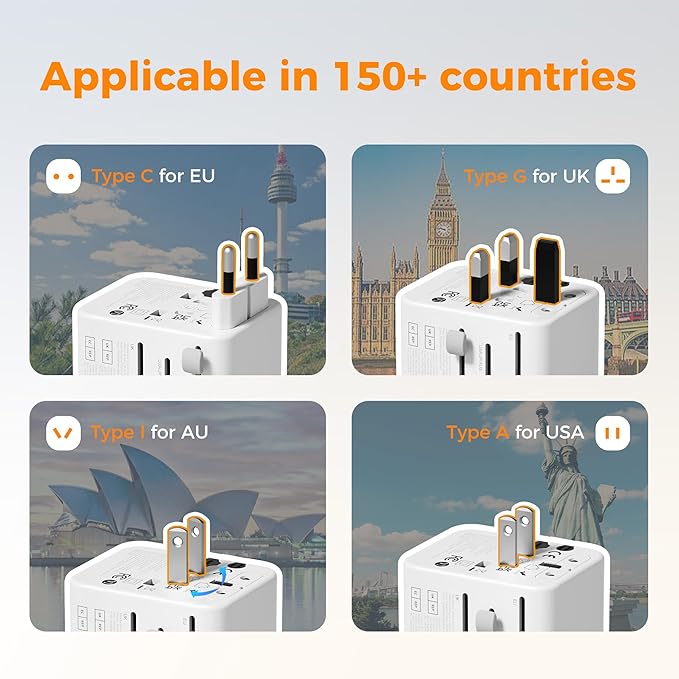 TESSAN Universal Travel Adapter, Power Adapter Worldwide with Extra 2 Prong AC Outlet, 4 USB Ports (2 USB C), International Plug Adaptor for US to Europe Italy UK Australia Ireland (Type C G A I)