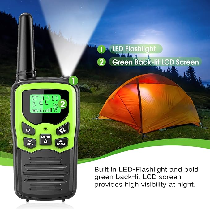 Walkie Talkies,MOICO Long Range Walkie Talkies for Adults Two-Way Radios with 22 Channels FRS VOX Scan LCD Display with LED Flashlight for Field, Survival Biking Hiking Camping 2 Pack (Green)