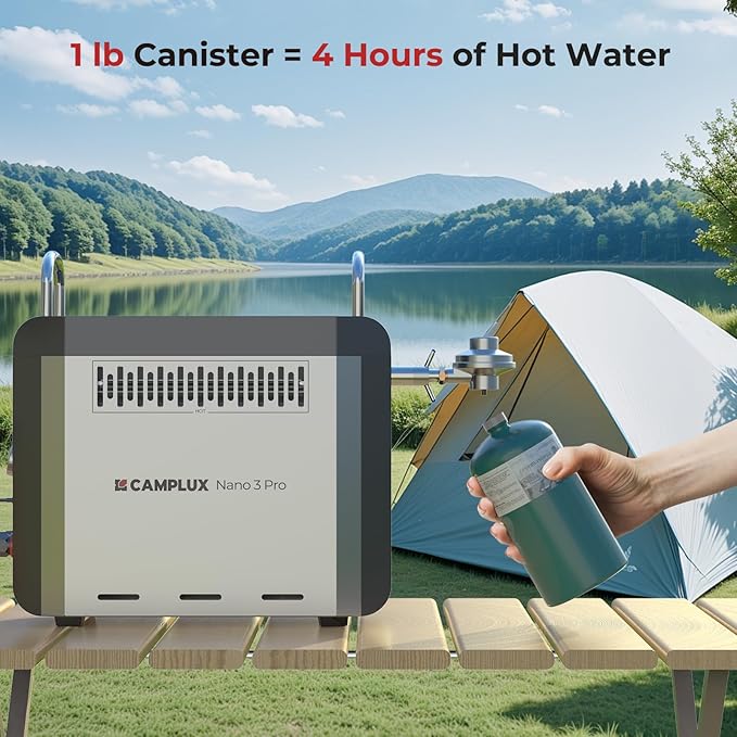 CAMPLUX Nano 3 Pro, Battery Powered Portable Water Heater, 1 lb On-Demand Propane Camping Shower, On Ground Camp Water Heater & Shower Pump, CSA Certified Safety