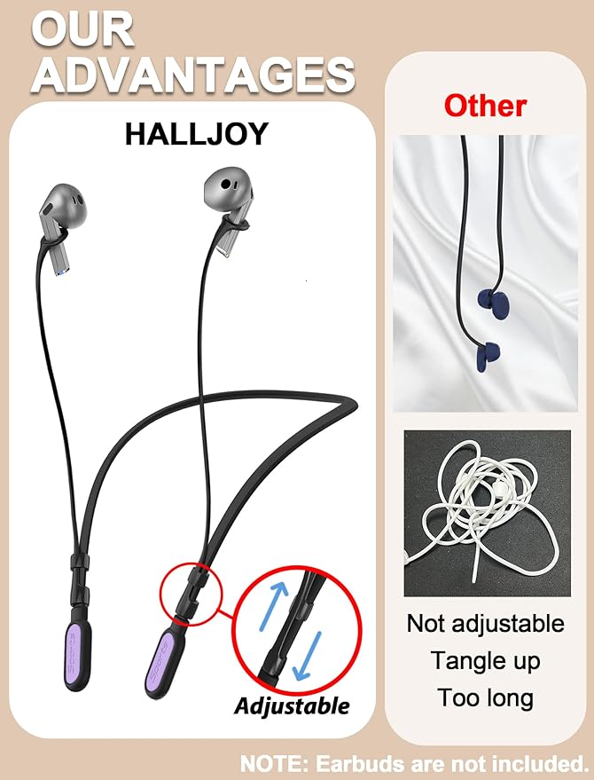 HALLJOY for Galaxy Buds 4/4 Pro/Buds 3/3 Pro Strap Neckband, Anti-Lost Accessories, Support Volume Control, Ergonomic Design, Fit Airpods Pro 3/2/1, Airpods 4, 3, 2, 1, Black Band/Purple Tip