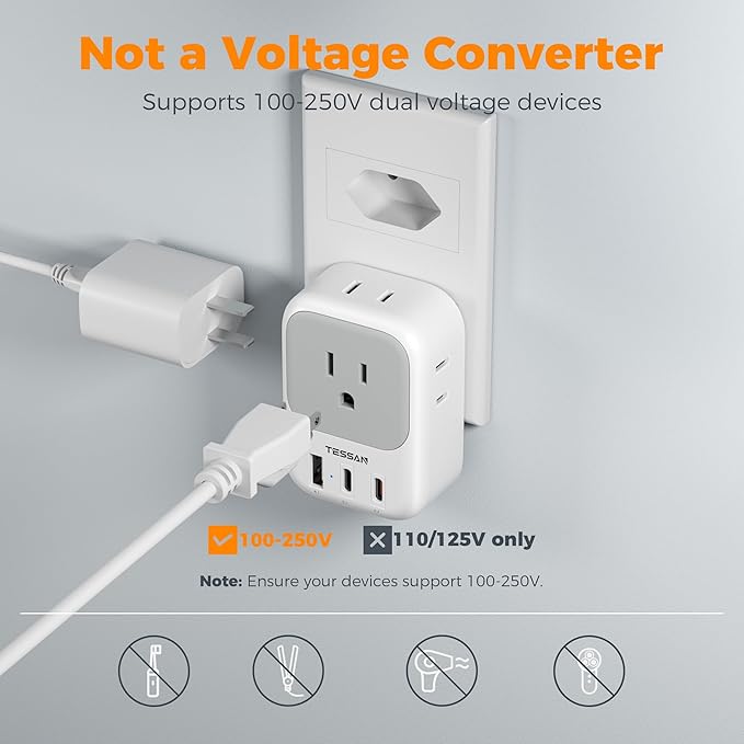 TESSAN Brazil Plug Adapter 2 Pack, 7 in 1 PD 20W Travel Adaptor with 4 Electrical Outlets and 3 USB Charger Ports (1 USB-A, 2 USB-C), Type N Power Adapters for US to Brasil Brazilian
