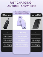 Portable Charger, 10000mAh PD20W USB C Fast Charging Power Bank with Built-in Cables and AC Wall Plug, Smart LED Display Travel Essentials Battery Pack Compatible with iPhone, iPad, Samsung etc Purple