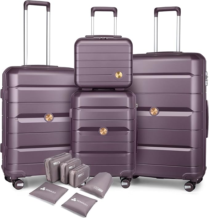 Somago Luggage Sets and Packing Cube Travel Set Lightweight Hardside Polypropylene Suitcases with Double Spinner Wheels and TSA Lock,Elegant Purple