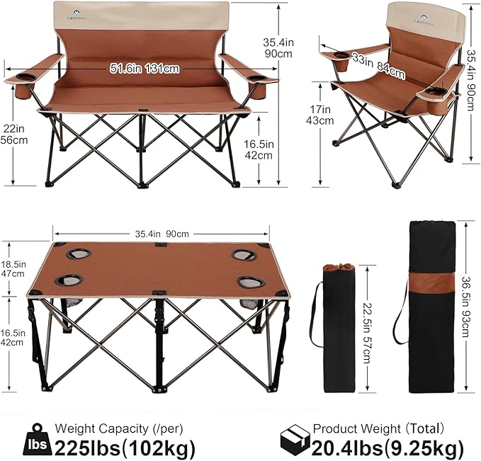 Camping Chair Set of 3, Outdoor Folding Camping Chairs for Heavy People with Cup Holder & Carry Bag,Collapsible Chair Include One Sofa Chair and Two Single Chair,Support up to 500lbs