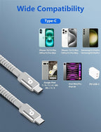 USB C to USB C Cable 10FT, 2Pack USB C Charger Cable, Long Type C Fast Charging Cable Nylon Braided USBC Charger Cord Compatible with iPhone 17/16/15/Plus/Pro Max/Samsung Galaxy S23 and More-Silver