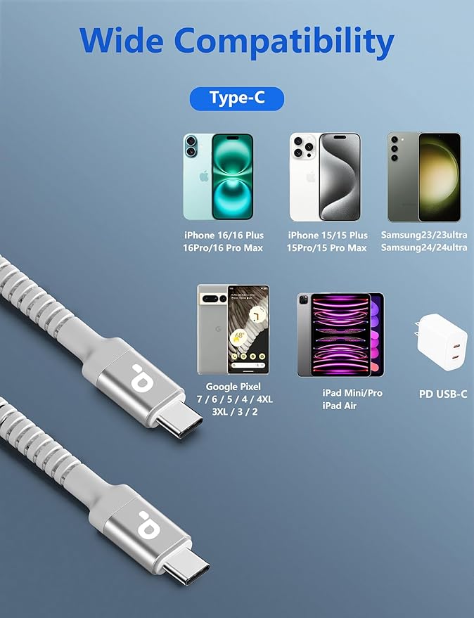 USB C to USB C Cable 10FT, 2Pack USB C Charger Cable, Long Type C Fast Charging Cable Nylon Braided USBC Charger Cord Compatible with iPhone 17/16/15/Plus/Pro Max/Samsung Galaxy S23 and More-Silver
