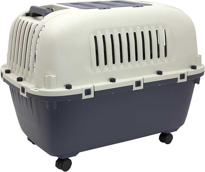 SportPet Airline Compliant 2-Door Large 34.5" Travel Dog Kennel - Durable Plastic Pet Carrier w/Divider, Wheels, & Bowls, Collapsible Indoor/Outdoor Dog Kennel, Dogs up to 28" L & 20" H - Cream/Gray