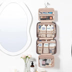 NISHEL Travel Toiletry Bag for women, Portable Hanging Organizer for Full-Sized Shampoo, Conditioner, Brushes Set, Makeup Accessories, Large Size, Peach Pink