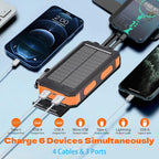 Solar Power Bank 20,000mAh, Portable Phone Charger, 4 Cables Outdoor Waterproof External Backup Power Charger with USB-C for Cell Phones, Solar Battery Pack with Dual Flashlight for Camping