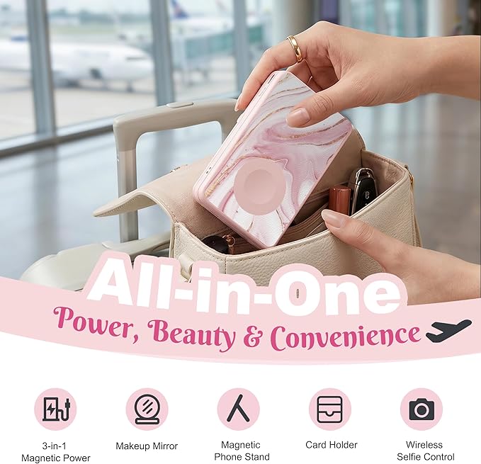 5-in-1 Magnetic Power Bank, 5000mAh Portable Wireless Charger with Mirror, Stand, Bluetooth Remote & Card Holder, MagSafe Compatible Travel Essential for iPhone & Samsung, USB-C Cable Included