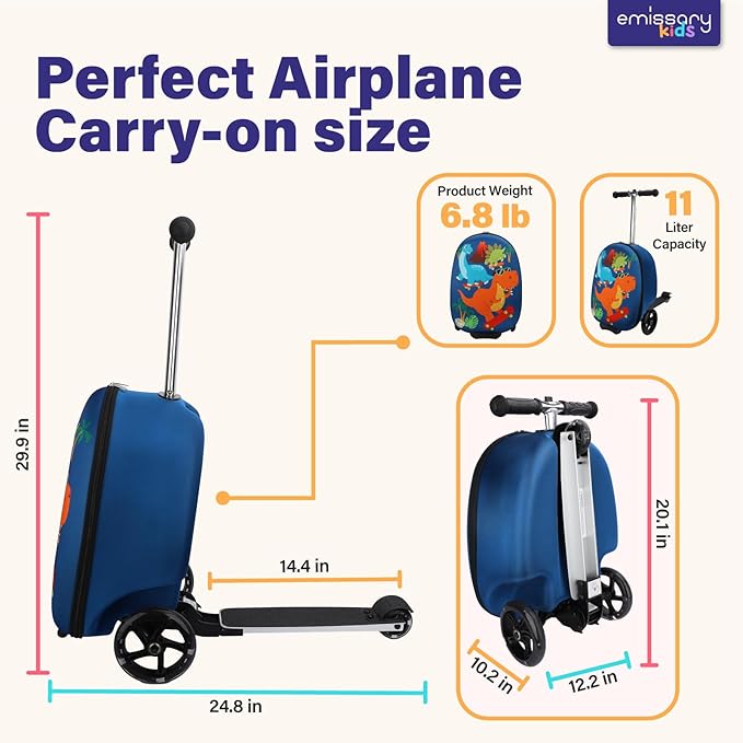 emissary Kids Luggage with Wheels, Hardside Toddler Carry On Suitcase Set, Lightweight Rolling Travel Bag for Boys and Girls, Airline Approved Travel Gifts - Blue Scooter