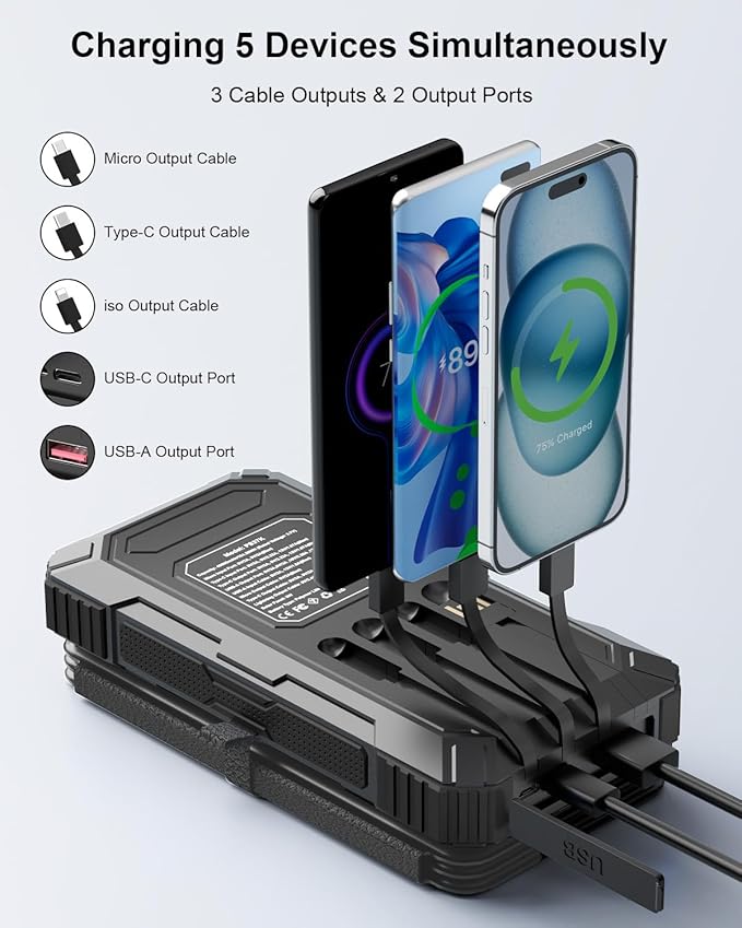 Solar Charger Power Bank 49800mAh with 4 Built-in Cables & 4 Foldable Panels, PD22.5W Fast Portable Phone Charger, External Battery Pack with USB-C in/Output & Flashlight for Outdoor Camping