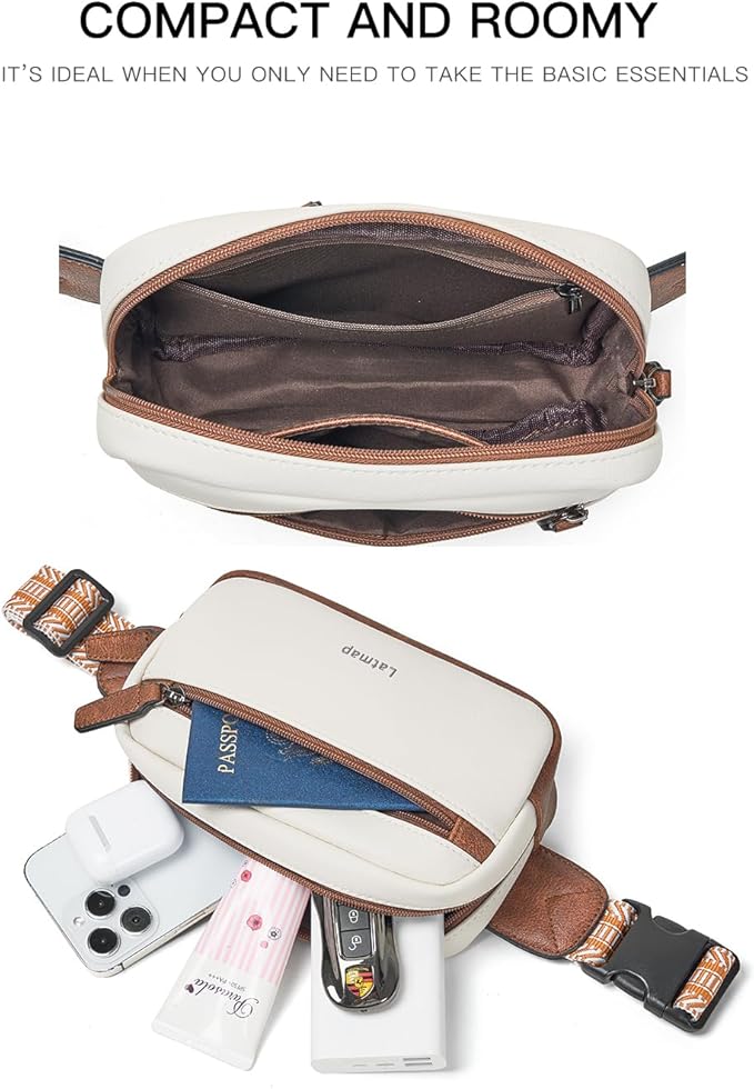 LATMAP 2L Fanny Packs Everywhere Belt Bag Small Fashion Crossbody Waist Pack Faux Leather Waterproof Sling Chest Bag For Women Beige
