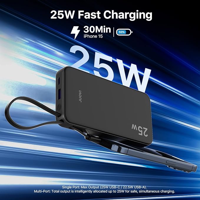 JUOVI 25W Portable Charger, 10000mah Power Bank Fast Charging with Built-in USB-C Cable, Battery Pack with LED Display, Portable Phone Charger for iPhone 17 16 15 14 Samsung S24 S23 iPad Tablets