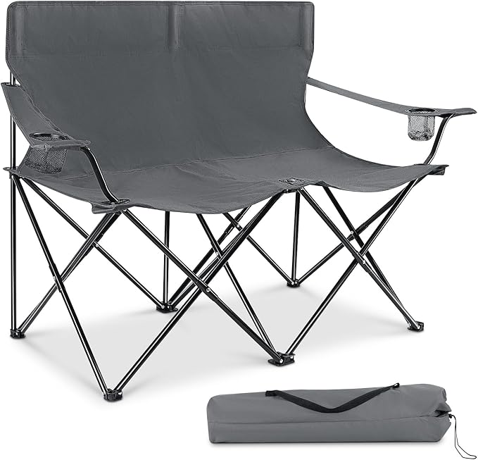 Leonyo Oversized 2 Person Camping Chair, Double Camping Loveseat Chair for Adults, Foldable & Comfortable Double Seat for Lawn, Backyard, Beach, Sports, Movie, Grey