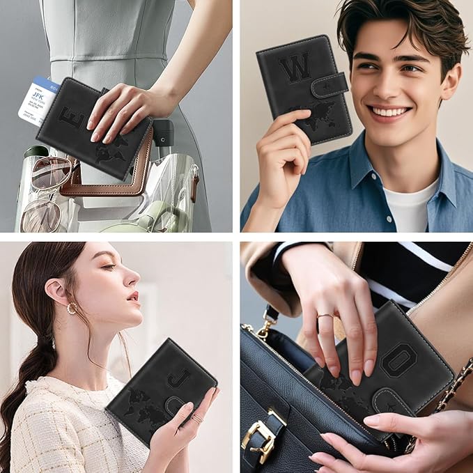Passport Holder Wallet Cover Personalized Letter A-Z Travel Wallet RFID Blocking Passport Cover Wallet Case for Travel Passport Book Holders for Women and Men, Black-J