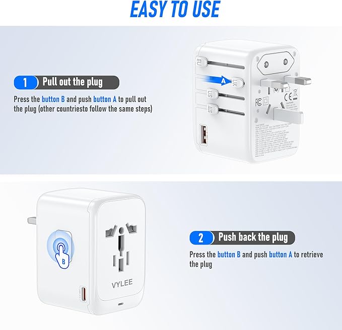 VYLEE Travel Plug Adapter, 65W Fast GaN Travel Charger, International Plug Adapter with 3 USB-C PD and 1 USB-A QC with US/EU/UK/AU Convenient for iPhone,Samsung,Laptops