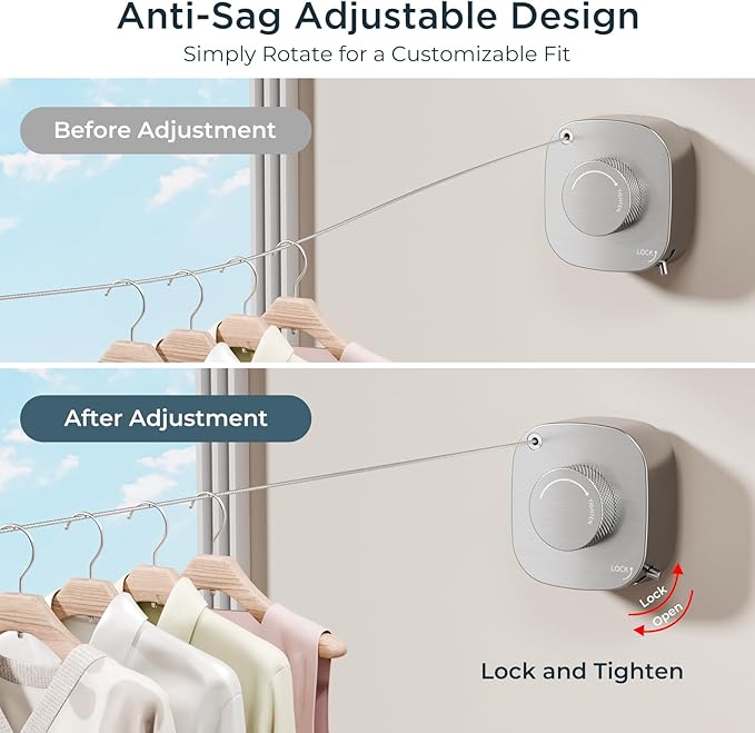 FORIOUS Retractable Clothesline Indoor, 13.8 Ft Non-Sagging Outdoor Clothes Line, Rustproof All Stainless Steel Heavy Duty Clothes Drying Laundry Line, Screw Wall Mounted for Bathroom, Brushed Nickel