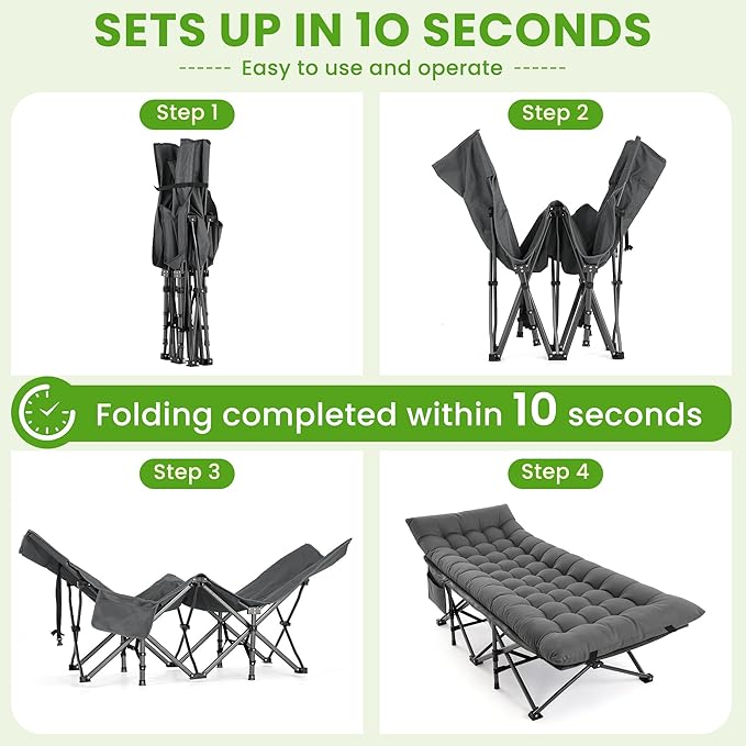 Camping Cot, Folding Camp Cot for Adults, Portable Outdoor Cot with Carry Bag & Mattress, Fast Setup, Lightweight Compact Bed for Travel, Home Office Nap (Grey)