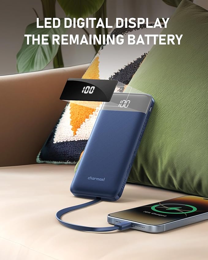 charmast 10000mAh Portable Charger with Built in Cables, 22.5W Travel Essential Power Bank Fast Charging, USB C Battery Pack for iPhone 17/16/15/14/13/12/11 Series, iPad, Samsung, Android, Tablet