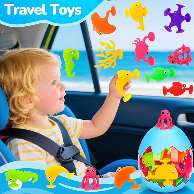 Toddler Suction Cup Bath Toys, Ocean Animal Bath Water Toys for Kids Ages 3-5 4-8 No Hole Mold Free Bathtub Car Airplane Window Toys Travel Trip Essentials for 3 4 5 Year Old Boy Girl Birthday Gift