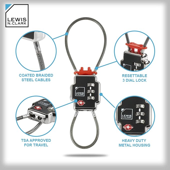 Lewis N Clark Triple Security Lock: TSA Luggage Locks for Suitcases, Carry On, Laptop Bag & More, Set Combination Lock to Create Secure Padlock for Travel, Vacation, Business, or Backpacking, 1 Pack