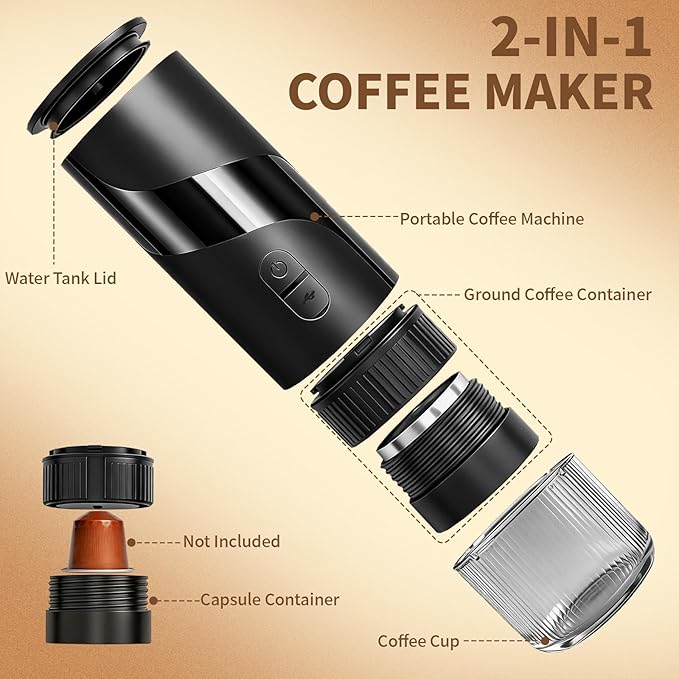 Portable Coffee Maker Set - Travel Coffee Maker, Electric Espresso Machine for Camping, Travel, Car, RV, Hiking, with Ground Coffee & Capsule Accessories, Milk Frother, Grinder, Gift for Coffee Lover