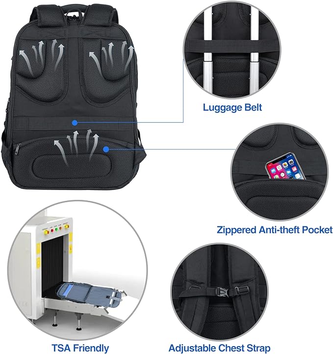 KROSER TSA Friendly Travel Laptop Backpack 18.4 inch XXXL Gaming Backpack Water-Repellent College Daypack Business Backpack with RFID Pockets & USB Port for Men/Women-Black | TSA Friendly