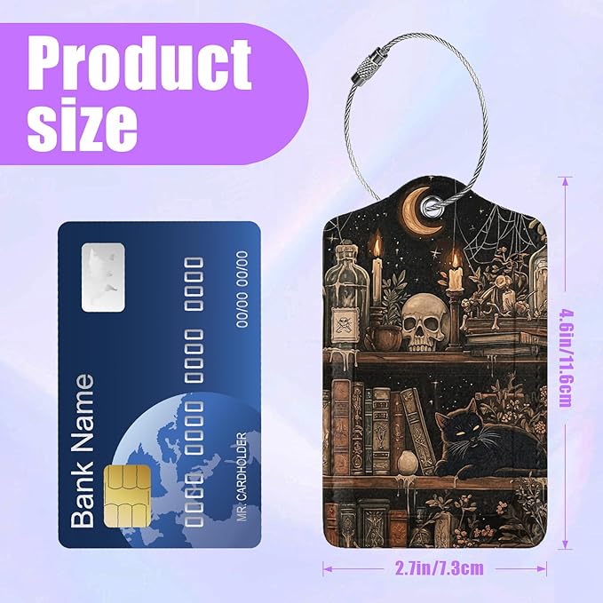 3 Pack Goth Skull Bookshelf Luggage Tags for Suitcase Black Cat PU Leather Travel Luggage Tag Privacy Cover ID Label for Women Men Baggage Backpack Handbag School Bag