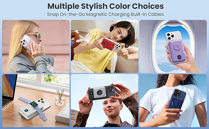 6 in 1 Magnetic Portable Charger for iPhone with Built-in Cables, 10800mAh 25W PD Fast Charging Power Bank, 6 Outputs LCD Display Travel Essential Battery Pack for iPhone 17/16/15/14/13/12,Apple Watch