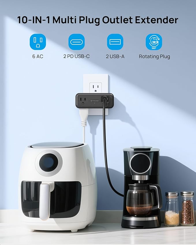 TROND 6-Outlet Wall Extender with 360° Rotating Plug, 3-Way Surge Protector Outlet Splitter with 2 PD20W USB-C & 2 USB-A Ports, 900J, Compact Plug Adapter for Tight Spaces in Home, Kitchen, Bathroom