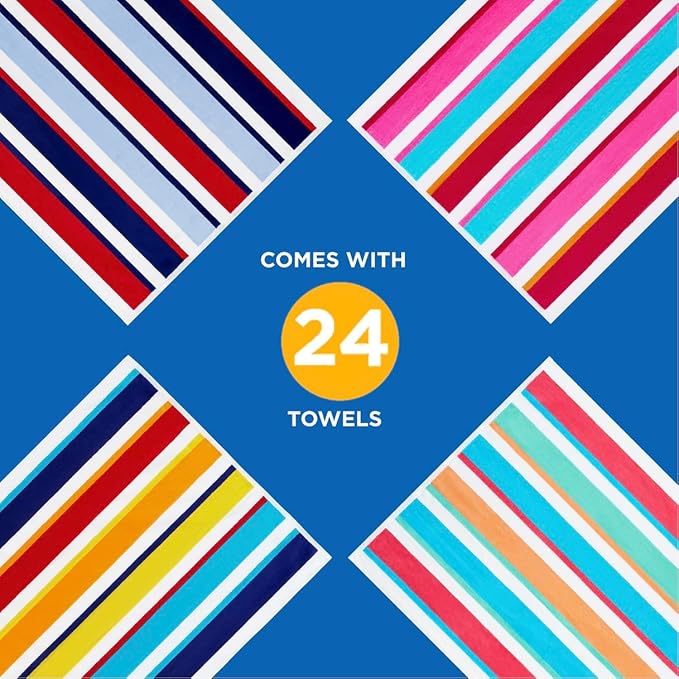 Kaufman - Joey Velour Colored Classic Multi-Color Stripe Beach & Pool Towel - Large 100% Combed Cotton Beach Towel - Soft & Absorbent Colorful Towels - 32" x 62" - 24 Pack